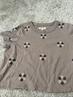 Madewell Taupe Short-Sleeve Tee with Black and Light Taupe Floral Embroidery